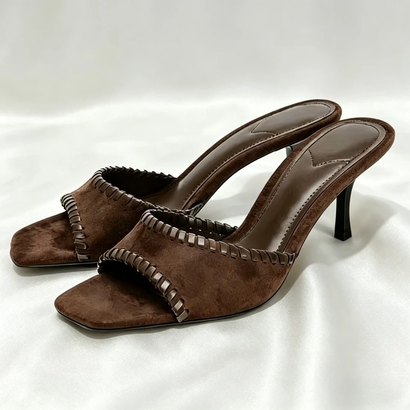 

Suede Designer Heels Women Slippers Summer 2026 Square-Toe Slides Mules Shoes Comfortable Brown Elegant Brand Women Sandals