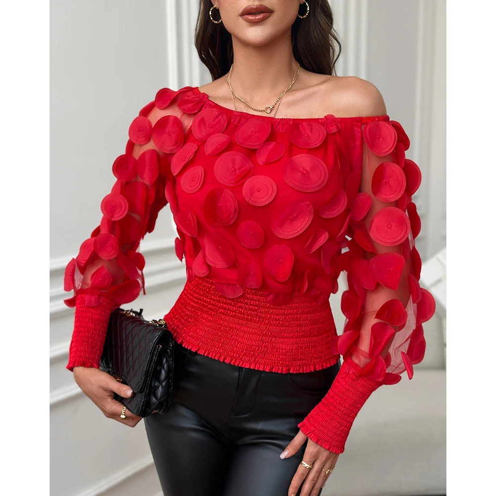 

Women Polka Dot Pattern Shirred Off The Shoulder Top Skinny Spring T-Shirt Casual Sheer Mesh Gigot Sleeve Tees 2024 Sexy y2k