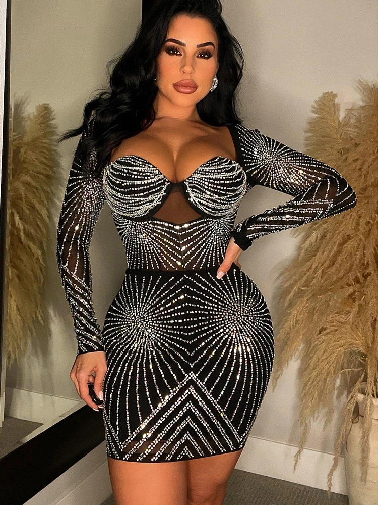 Kricesseen Sexy Rhinestone Decor Sheer Mesh Bodycon Dress Skinny Mini Dress New Women Long Sleeve Night Clubwear Mini Dress