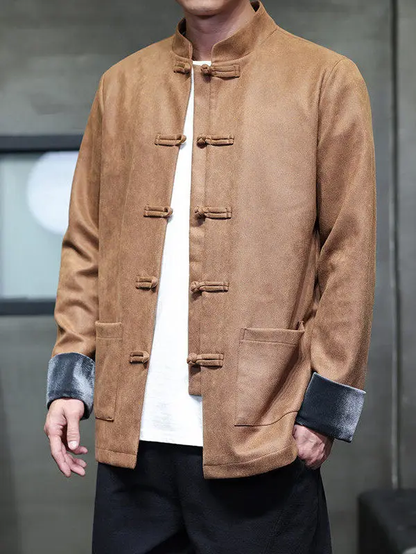 

Мужская замшевая куртка на осень-зиму, свободный крой, воротник-стойка, на пуговицах, в китайском стиле, повседневная, молодежная, из полиэфирного волокна