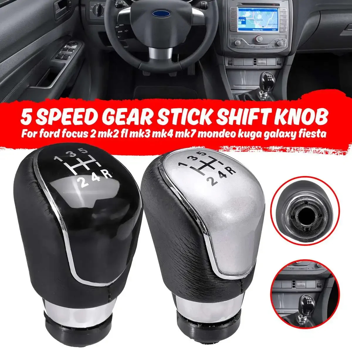 5 Speed Gear Stick Shift Knob For Ford Focus 2 MK2 FL MK3 MK4 MK7 Mondeo Kuga Galaxy Fiesta Black Silver Color Car Interior