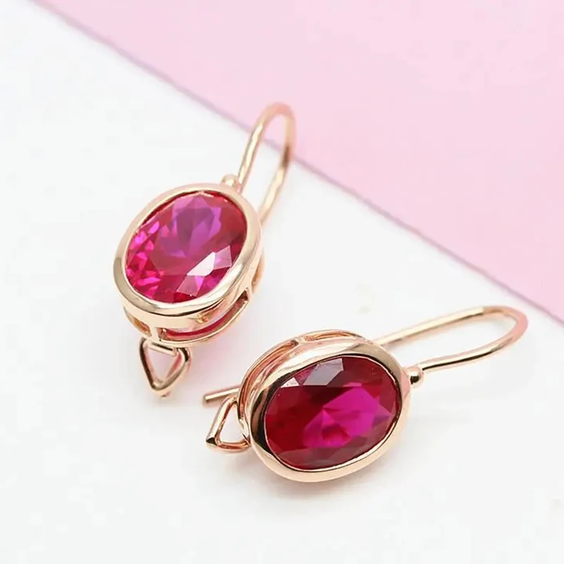 New in 585 purple gold plated 14K rose gold inlaid oval ruby earrings for women elegant and simple light luxury wedding jewelry