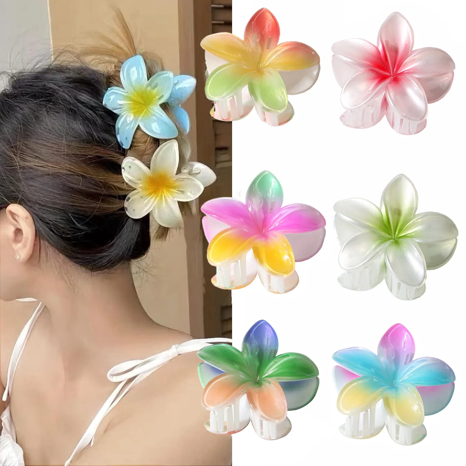 

1Pcs 8CM Fashion Sweet Frangipani Clip Acrylic Hair Clip For Women Hair Claws Crab Clamp Barrettes Hawaiian Headwear Accessories