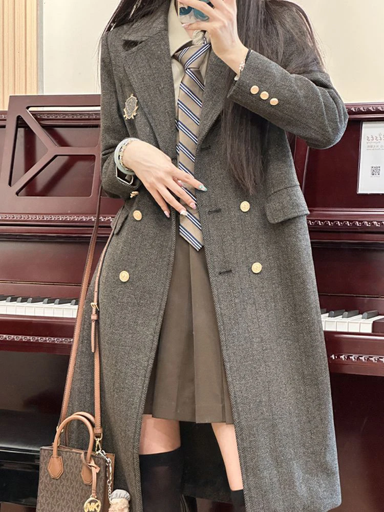 

Women Retro Midi Blazer Fall Winter Preppy Button Patchwork Elegant Suit Coats Grey Long Sleeve Vintage Student Sweet New Jacket
