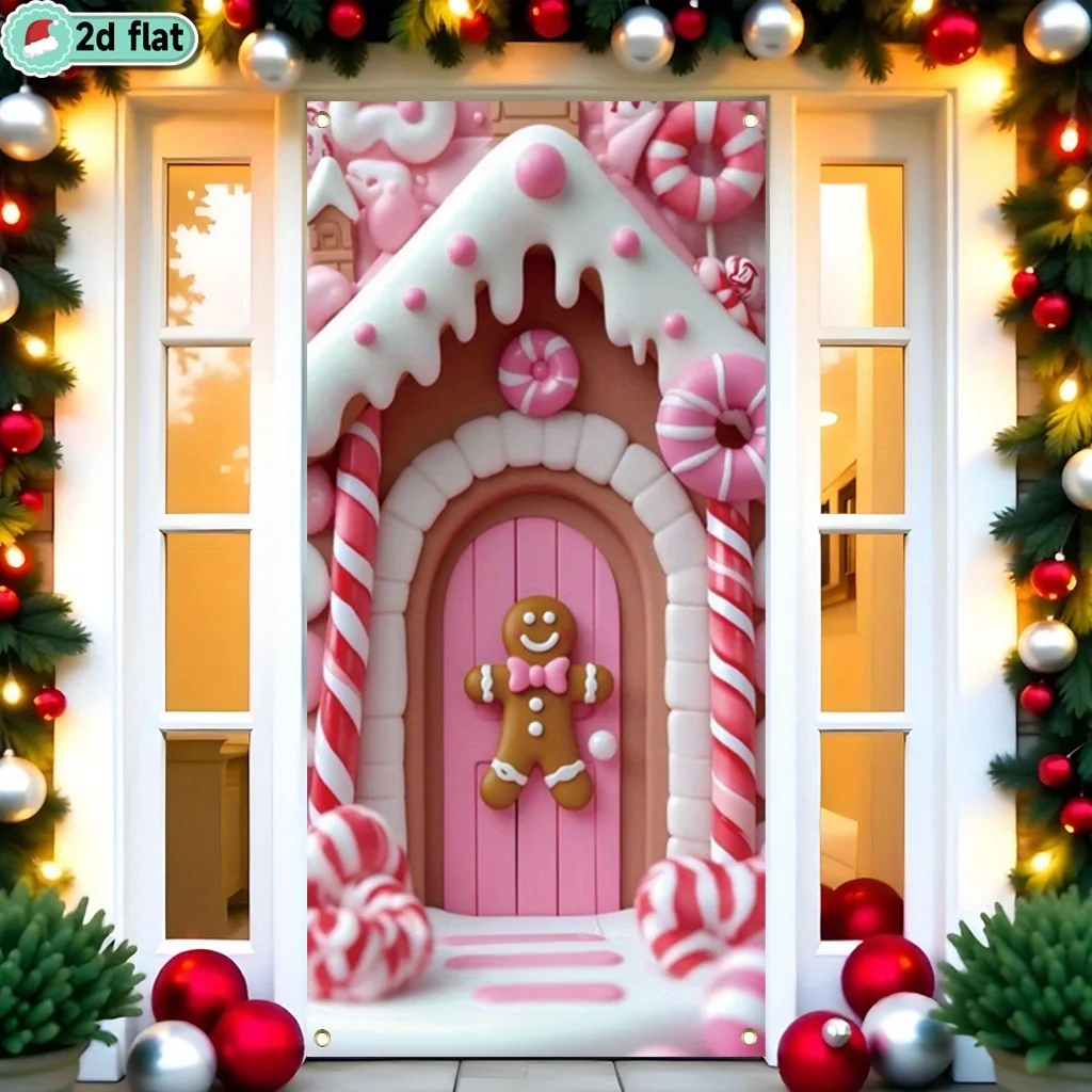 1 großes Weihnachts-Veranda-Banner – rosa und weiße Süßigkeiten-Haustürdekoration, Haustür-Flagge im Lebkuchen-Stil – Polyester