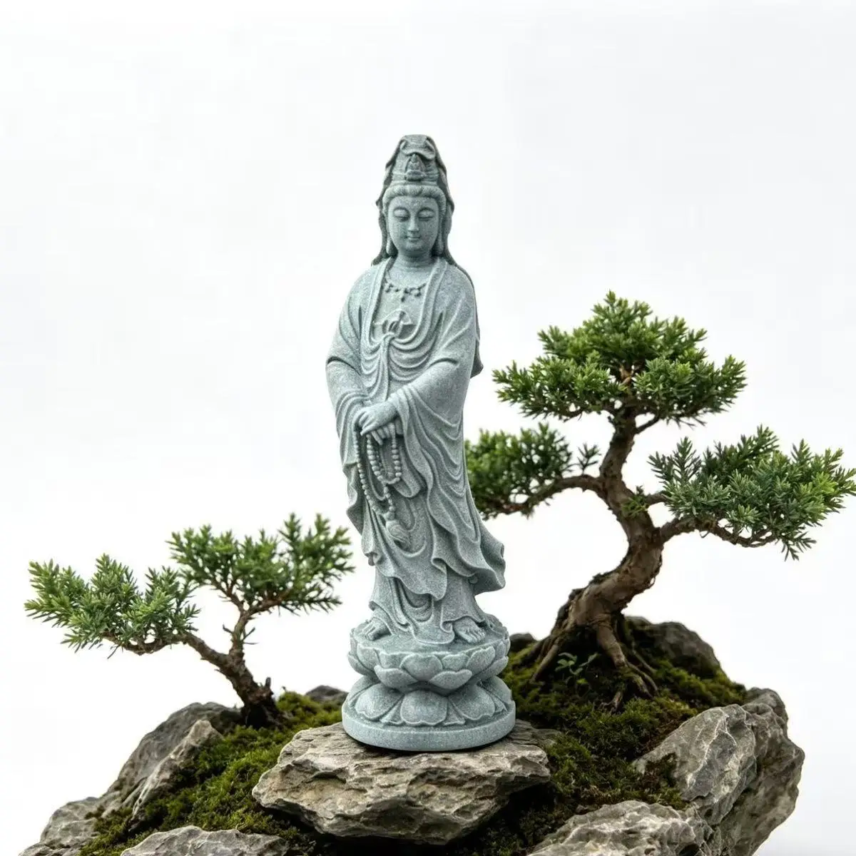 Mini Guanyin Statue 12cm, Sandstone, Zen Buddhist Decor for Home, Aquarium, Garden, Office Desk, Feng Shui Ornament