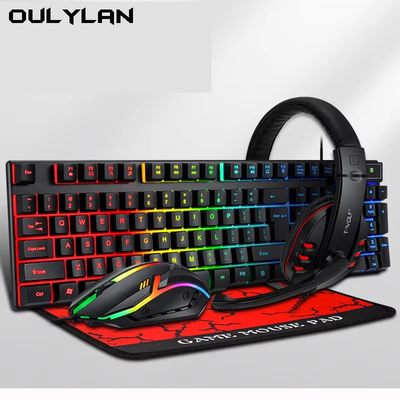 Office set Computer Accessories Luminous Keyboard T-WOLF New 4-in-1 keyboard mouse headset Set mouse pad Wired gaming home