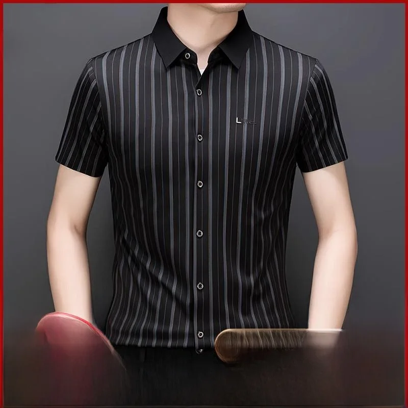 

High-End Ice Silk ort Sve irt Men's Summer Thin Casual Loose No Ironing Striped irt Faionable Urban Sle Printed