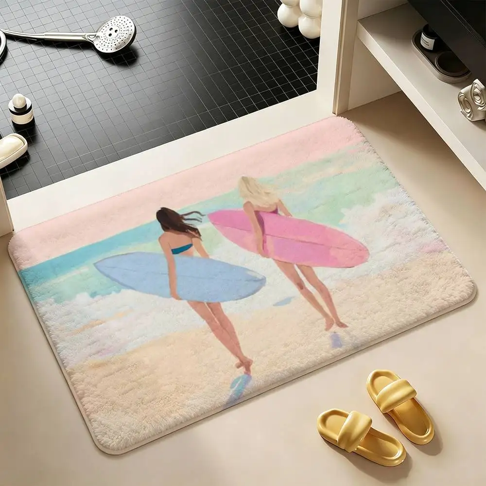 Surfboard Surfing Art Surf Girl  Shower Room Absorbent Small Floor Mat Soft Comfortable Decorative Foot Mat