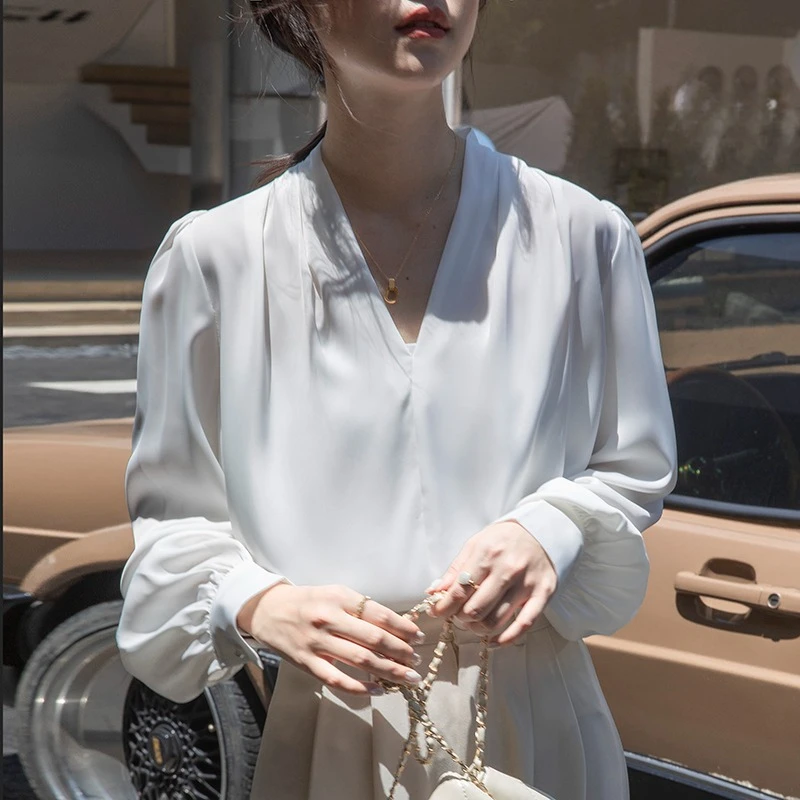 2025 New Elegant Satin Women's White Blouse Spring Autumn Long Puff Sleeve V-neck Casual Loose Office Workwear Shirts Female