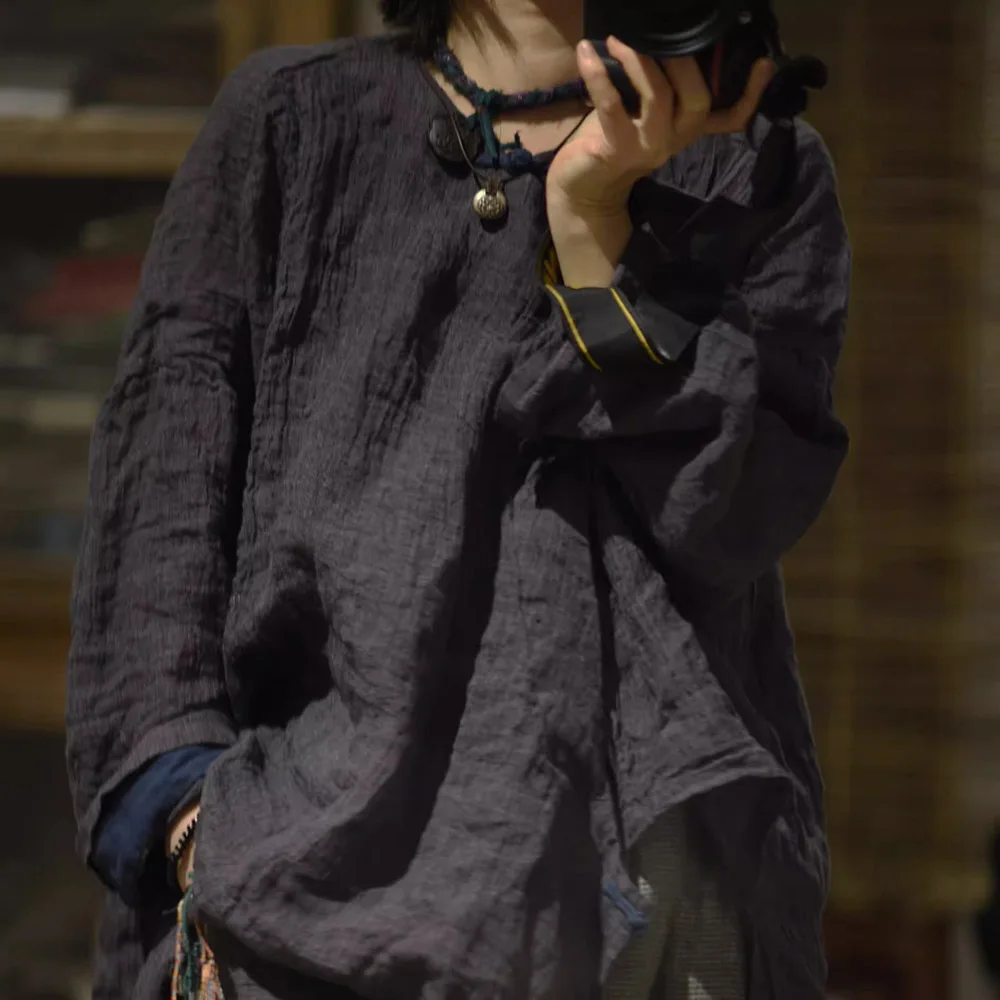 

Retro Texture Linen Loose Shirt Long-Sleeved Women's Handcrafted Button-Up Three-Dimensional Cut Side Cardigan Mid-Length Robe