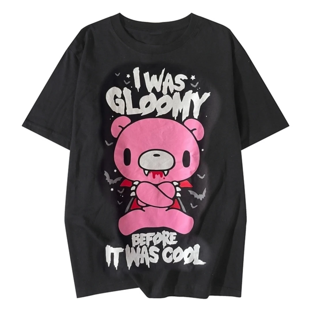 Retro Japanese Rock Visual Dark Zombie Blood Violent Bear Print Loose Pure Cotton Short Sleeve T-Shirt Street Style Summer Top