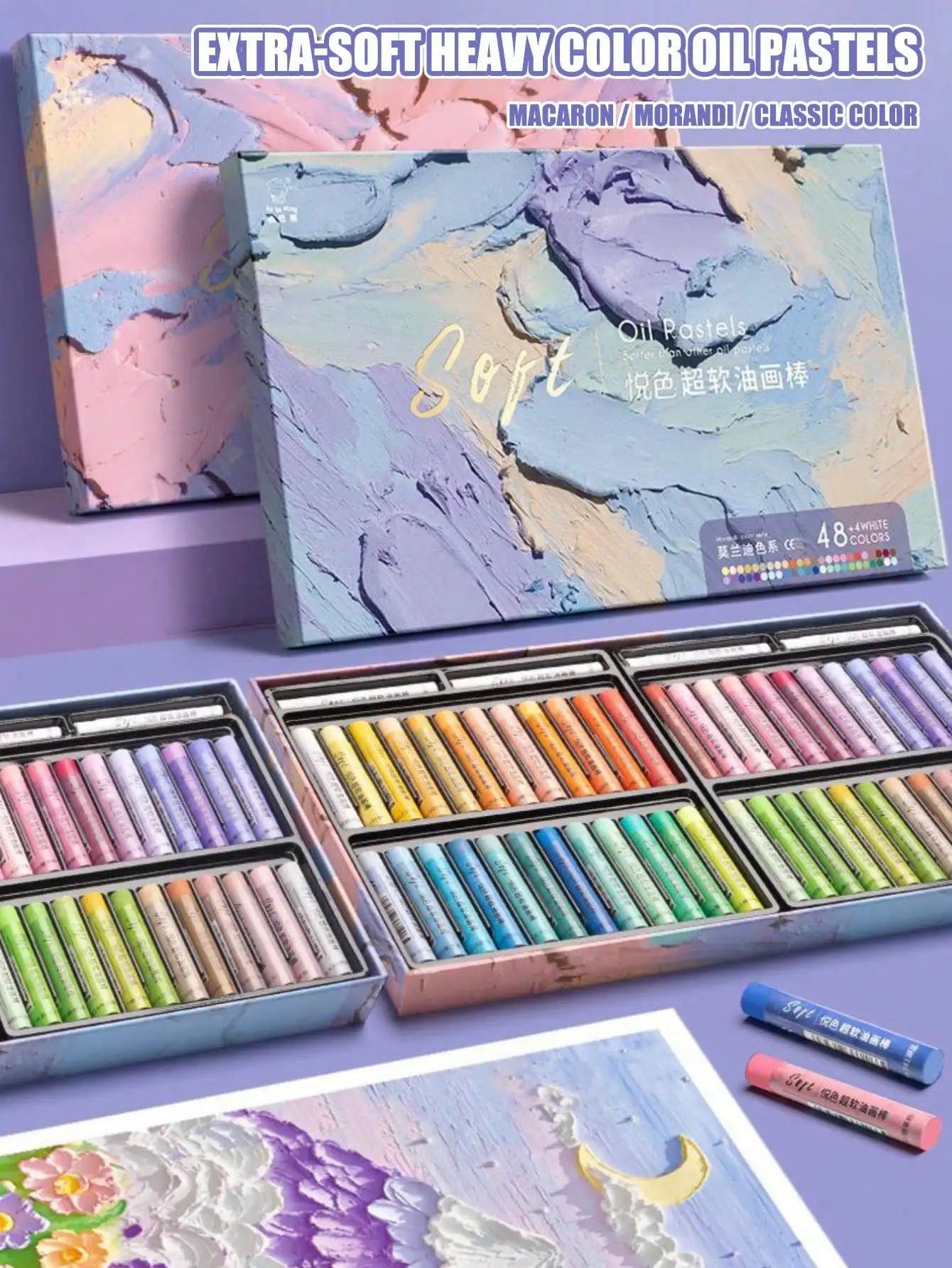 

48-Color Soft Oil Pastel Set, Soft Wax Crayon Art Drawing. Includes 36-Color Macaron & Marble Texture. Ideal for Art Creation, Graffiti & Painting Tools.