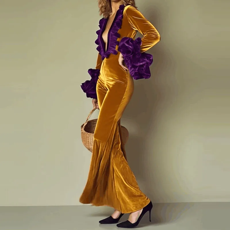 

Женские элегантные длинные комбинезоны с рукавами-лепестками и оборками, модные цветные тонкие комбинезоны, сексуальные бархатные расклешенные комбинезоны с глубоким v-образным вырезом