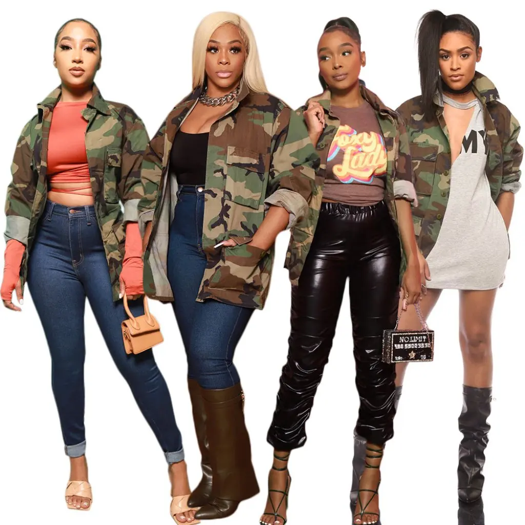 

European And American Women's Long Casual Fashion Camouflage Print Coat with Large Pockets Lapel Style for Women S390420