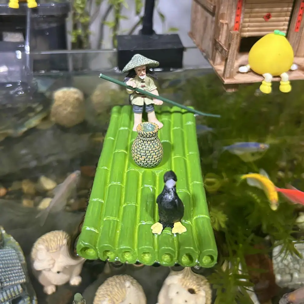 Resin Floating Bamboo Raft Sculpture with Old Man And Cormorant Decorative Zen Aquarium Statue for Fish Tank Garden Pond Decor