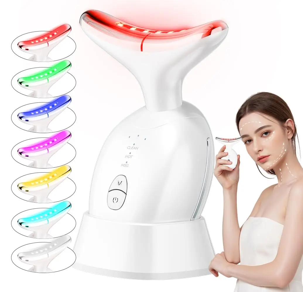 مدلك الوجه والرقبة، أداة نحت الوجه بـ 7 ألوان، جهاز شد الوجه للعناية بالبشرة، أداة الوجه في المنزل مع اهتزاز حراري