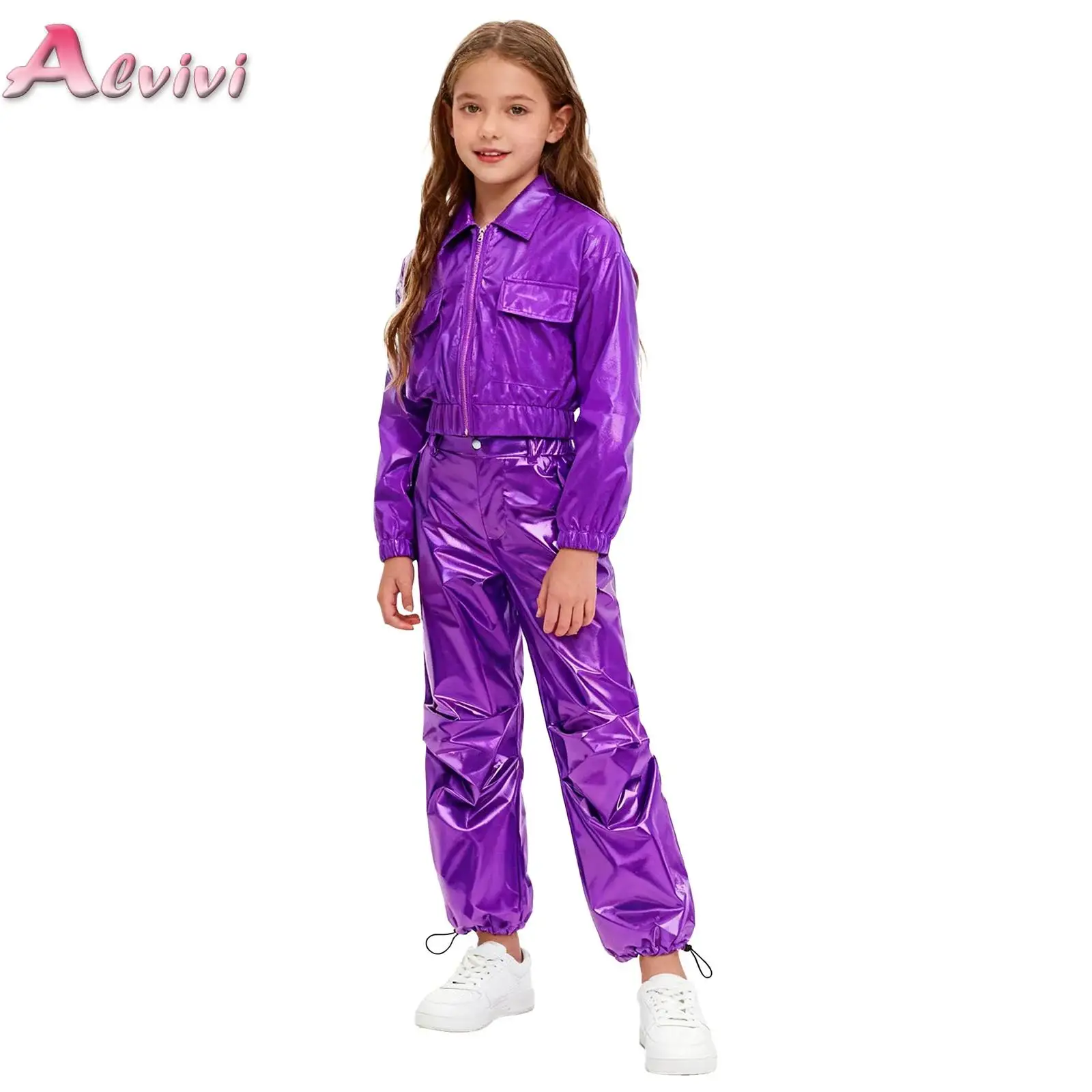 

Kids Boys Girls Metallic Tracksuit Long Sleeve Jacket with Ruched Shiny Cargo Pants Clothes Set Hip-Hop Jazz Sport Dance Outfit