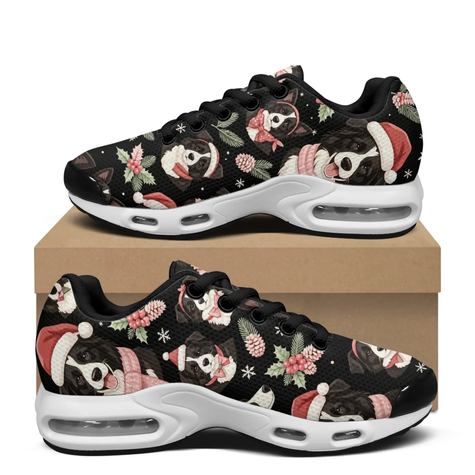 PENSTROLL Christmas Mesh Jogger Athletic Sneakers Featuring Festive Dogs, Air Cushion Comfort Walking Shoes for Gym Training