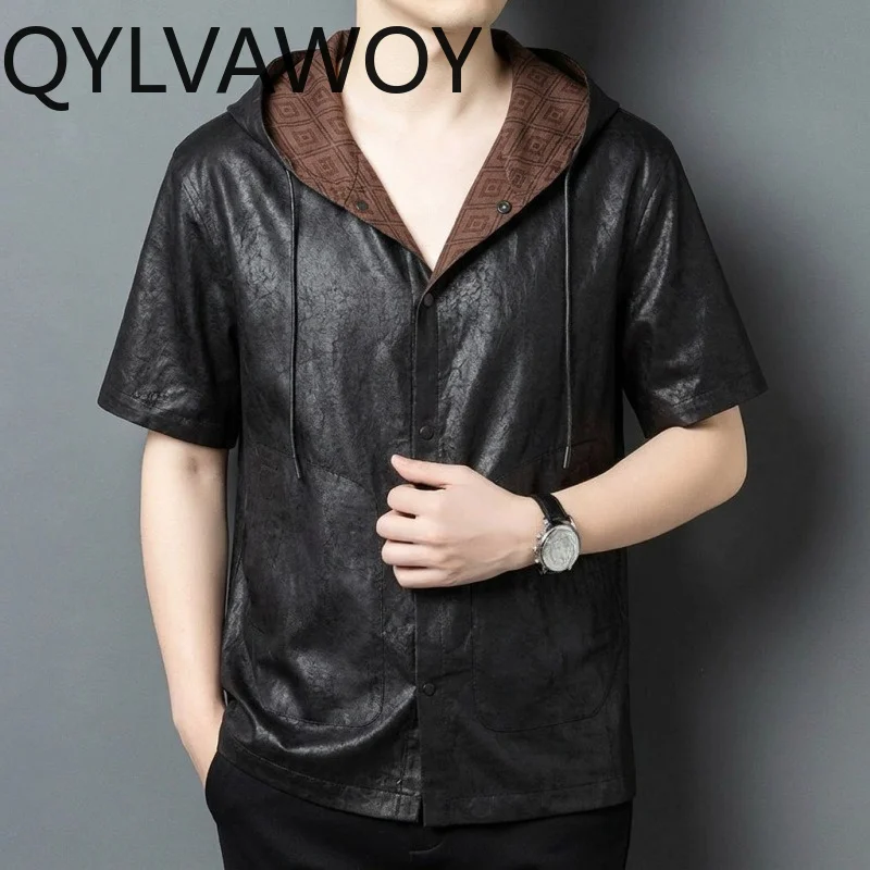 QYLVAWOY 100% Mulberry Silk Shirt Summer Tops Hooded Men's Shirts Xiangyunsha Shirts for Man Thin T Shirt Homme Premium Camisas