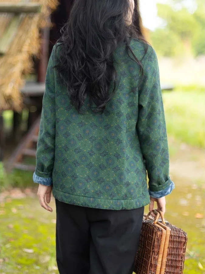 Ciepła, ocieplana bawełną i lnem, drukowana, tradycyjna chińska kurtka zimowa damska z kołnierzem stójką, zapinana na guziki, wygodna, długa...