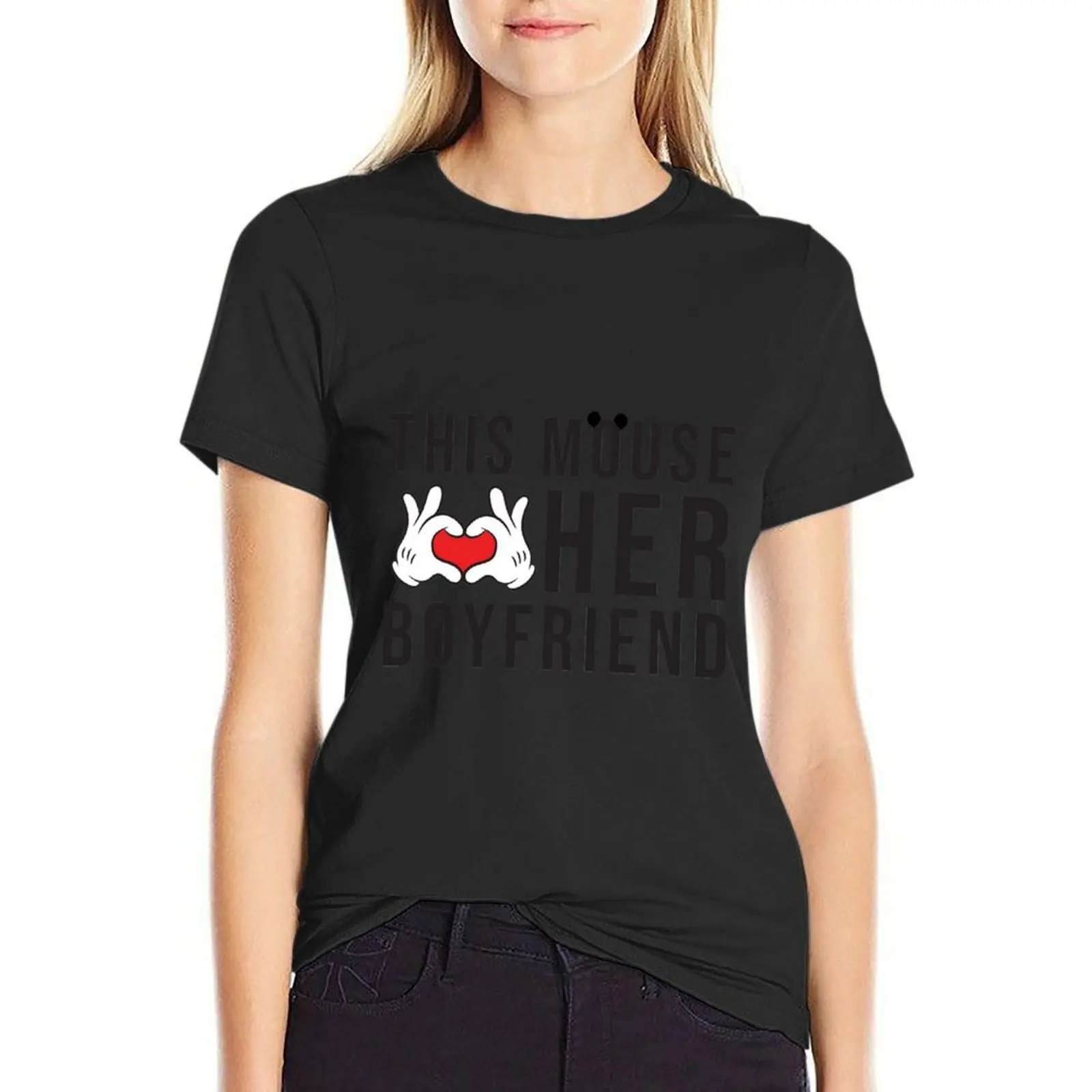 This mouse love her boyfriend T-Shirt Short sleeve tee cute tops black t shirts for Women