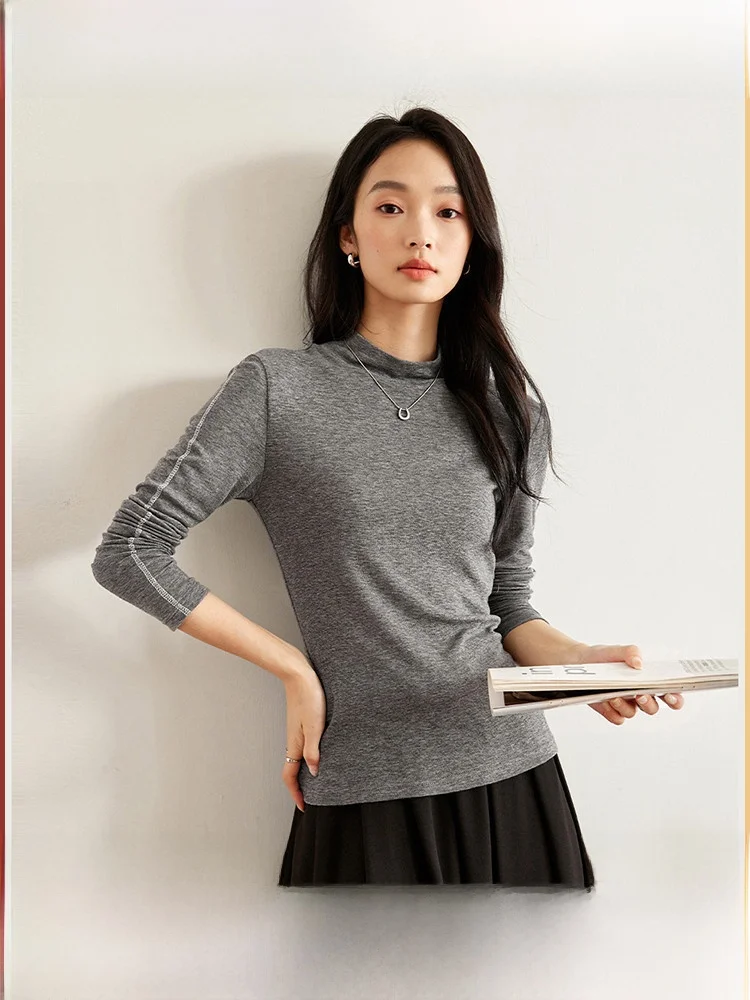 

Lcel Pure Color f High Ne Knitted Base irt Women's Spring New Versatile Top Commute Sle Long Sve Regular Fit