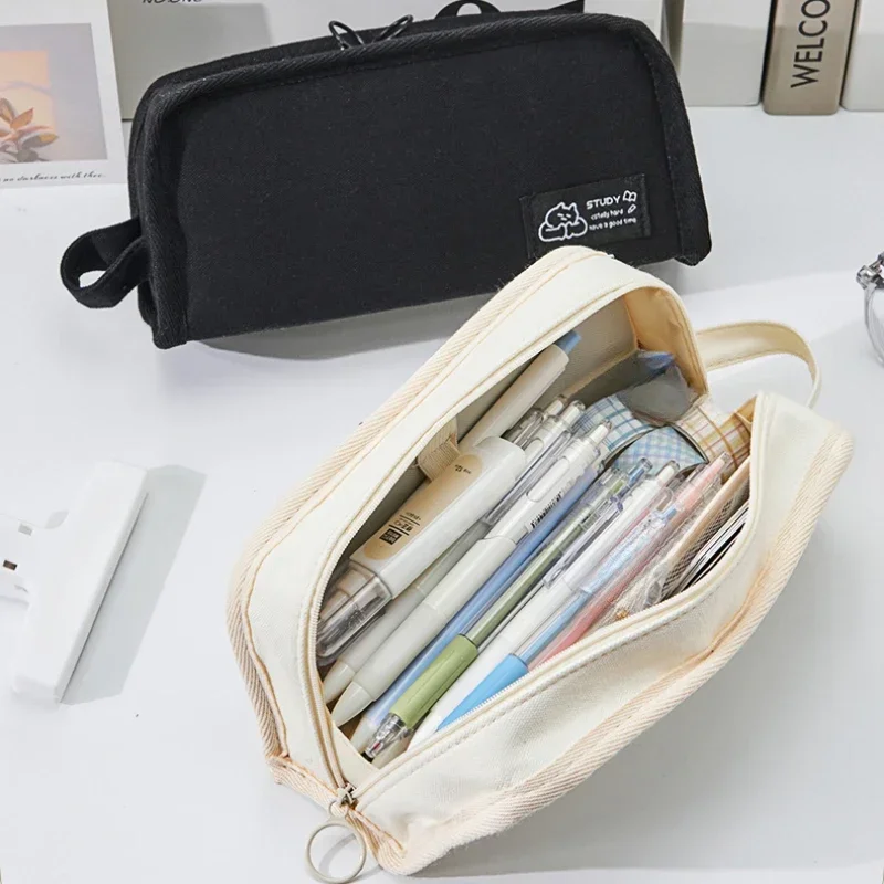 Ins Simplicity Pencil Case Solid Color White Black Canvas Pencil Bag High Capacity Stationery Storage Bag School Student Supply