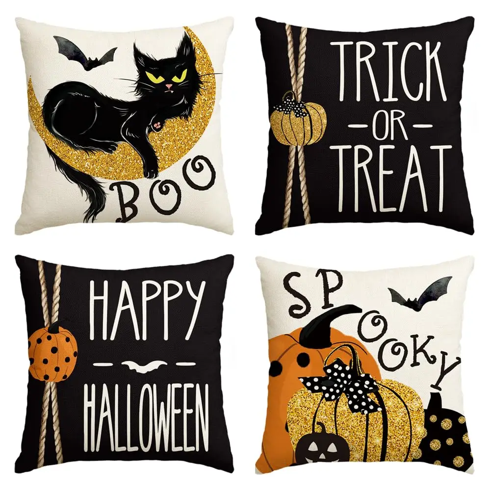 

Happy Halloween Boo Black Cat Trick or Treat Throw Pillow Covers,18x18 Inch Spooky Pumpkin Bat Cushion Case for Couch Set of 4