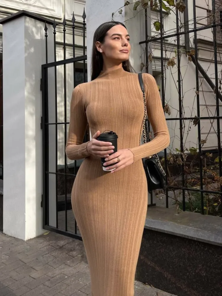 

2024 Autumn Winter Women Long Dresses Knitted Long Sleeved Sweater Slim Striped Sweater Elegant Party Dress Casuales Vestidos