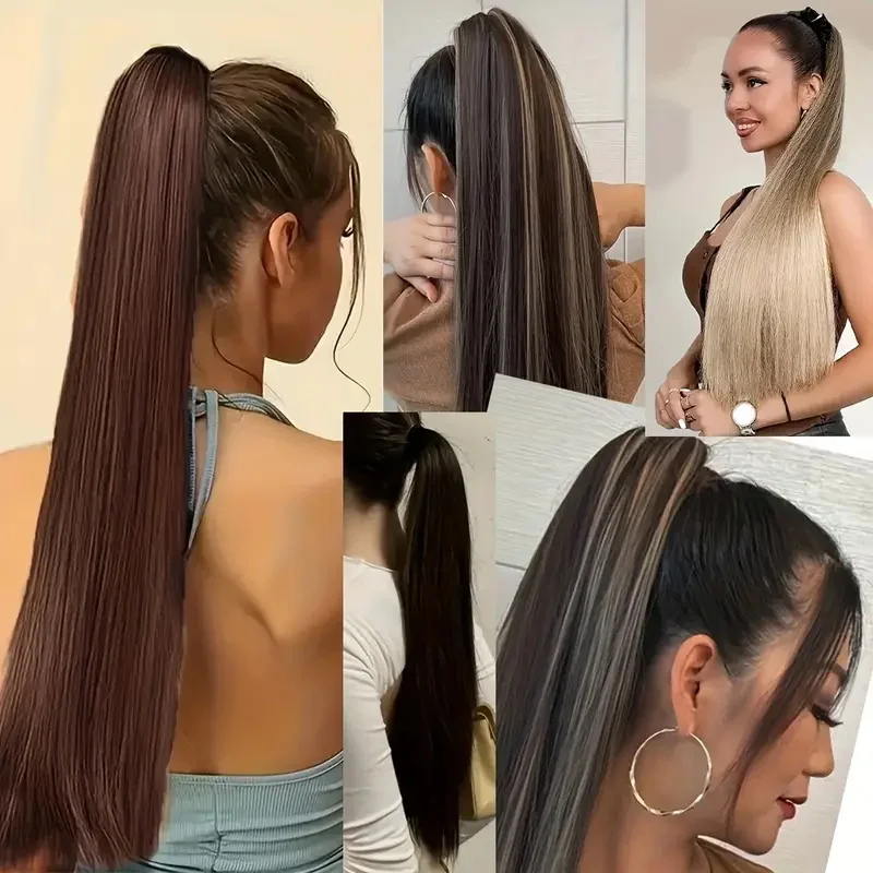 Synthetic Long Straight Ponytail Drawstring Wrap Around Clip in Hair Extension Black Brown Blonde Hairpiece for Women image 6