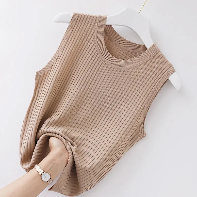 Summer Ice Silk Vest Women\'s Korean Version Solid Color Knitted Thin Loose Temperament Round Neck Sleeveless Top for Outer Wear