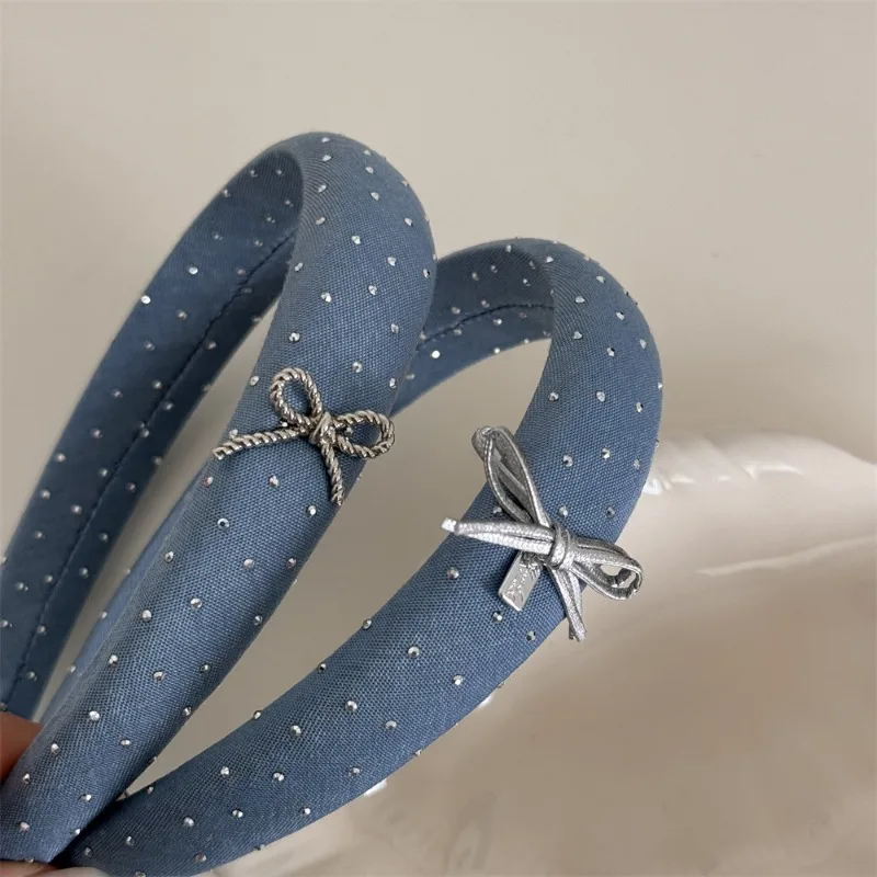 Silver Bow Hot Diamond Blue Sweet Cool Girl Cowboy Hair Hoop New Daily Versatile Hair Clip Exquisite Headband