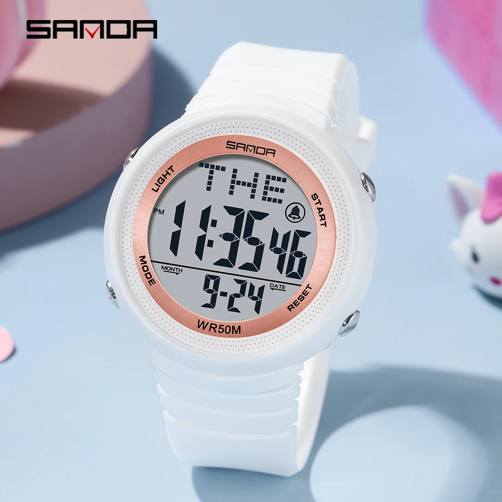 2022 New Fashion Sanda Sport Women\'s Watches White 50m Waterproof Digital Watch For Girl Casual Wristwatch Relogio Feminino 6022