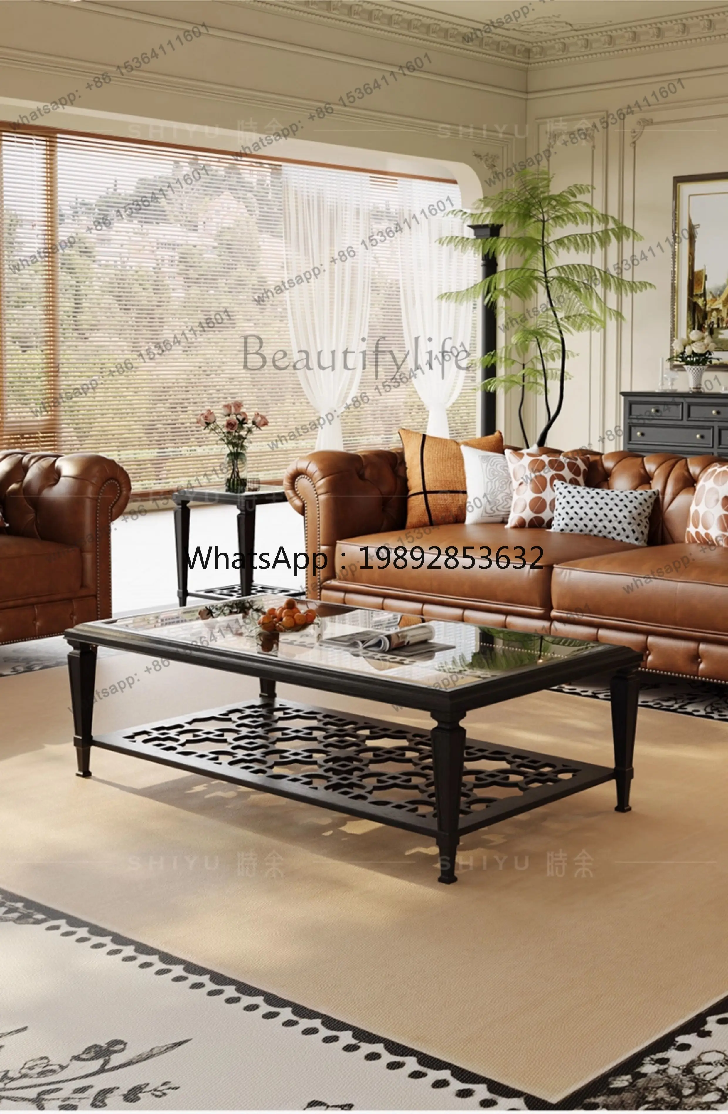 W2 French solid wood coffee table living room retro glass coffee table combination