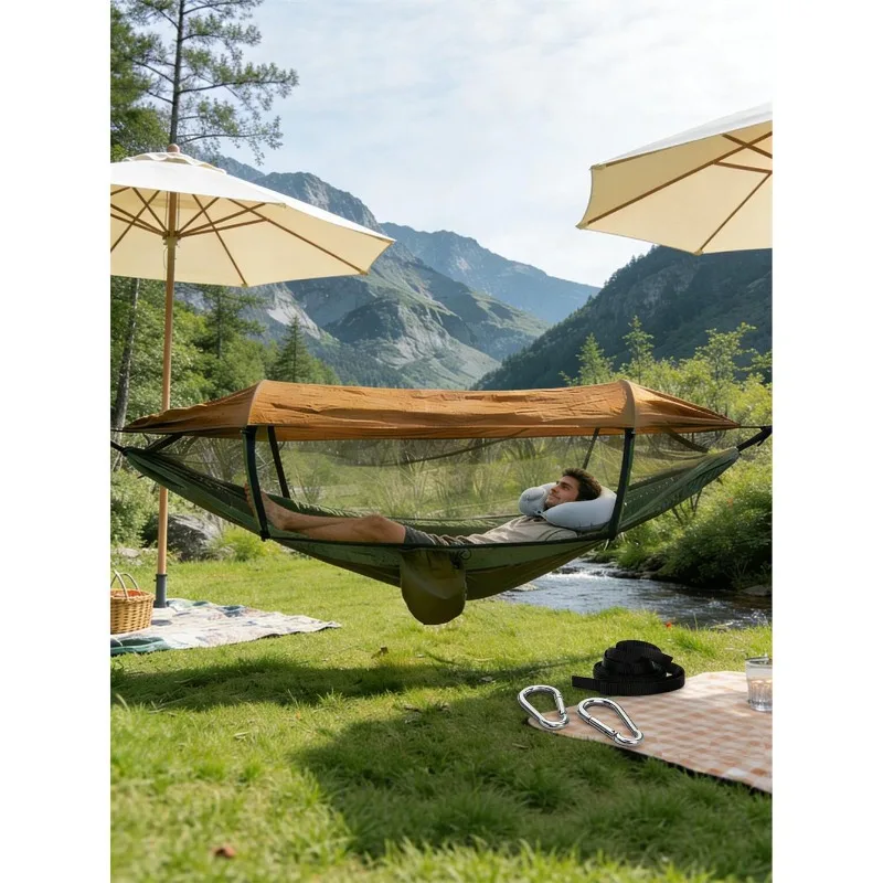Outdoor camping hammock Double mosquito net Automatic quick-opening awning Portable folding net bed with neck pillow
