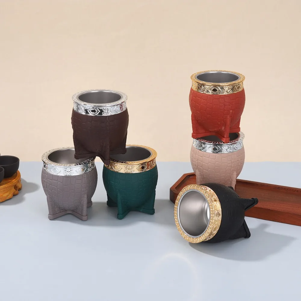 

Durable 180 ML Stainless Steel Double Wall Cup Flat Bottomed Rust-proof Mate Cup Tortoiseshell Pattern Eggshell Cup Office