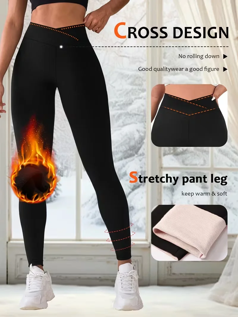 Winter Plush Ski Pants High Waist Soft Thickened Warm Casual Pants Cross Waist Yoga Pants Large Size Clothing Plus Size Leggings