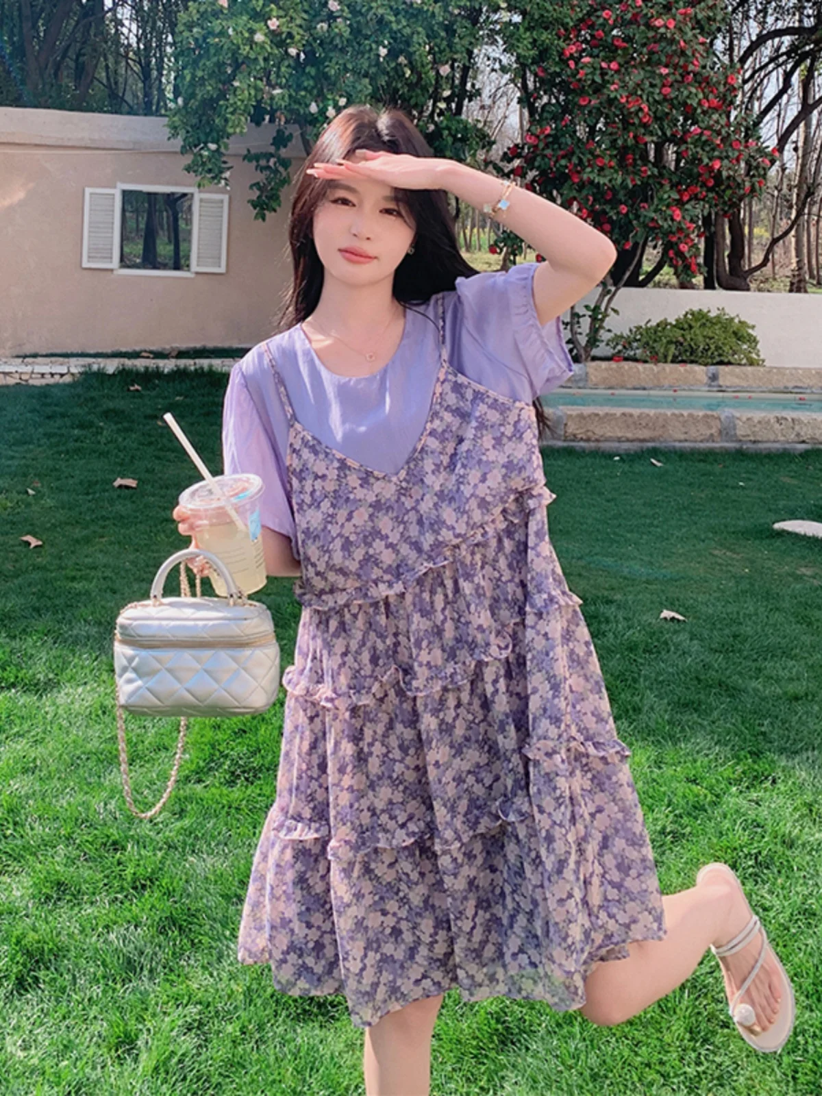 Saia Floral Roxa Ele para Mulheres Verão 2025 Nova Tamanho Pequeno Super Bonita Saia Coreana de Cintura Alta