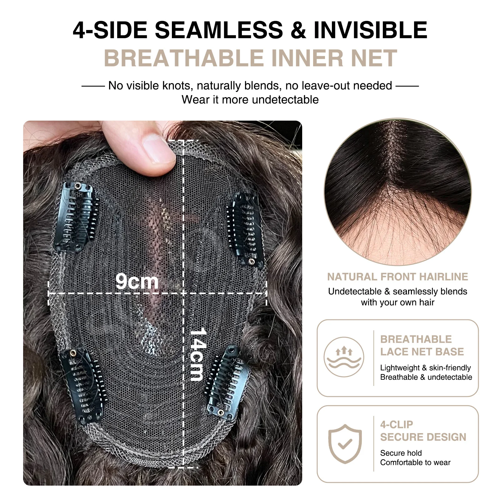 Water Wave Hair Toppers for Women Real Human Hair Topper for Women No Bangs Curly Hairs Extensions for Thinning Hairpiece 9x14cm