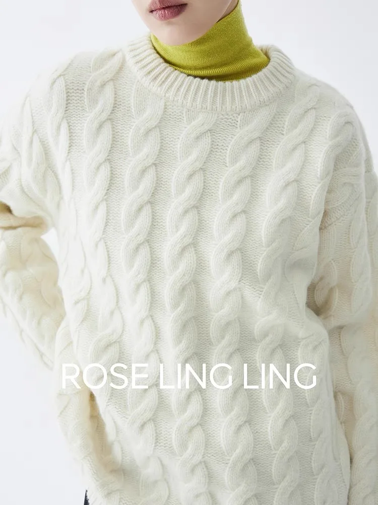 2023 New Autumn and winter O-Neck cashmere sweater women  loose Cashmere fried dough twist sweater thick Cashmere sweater women