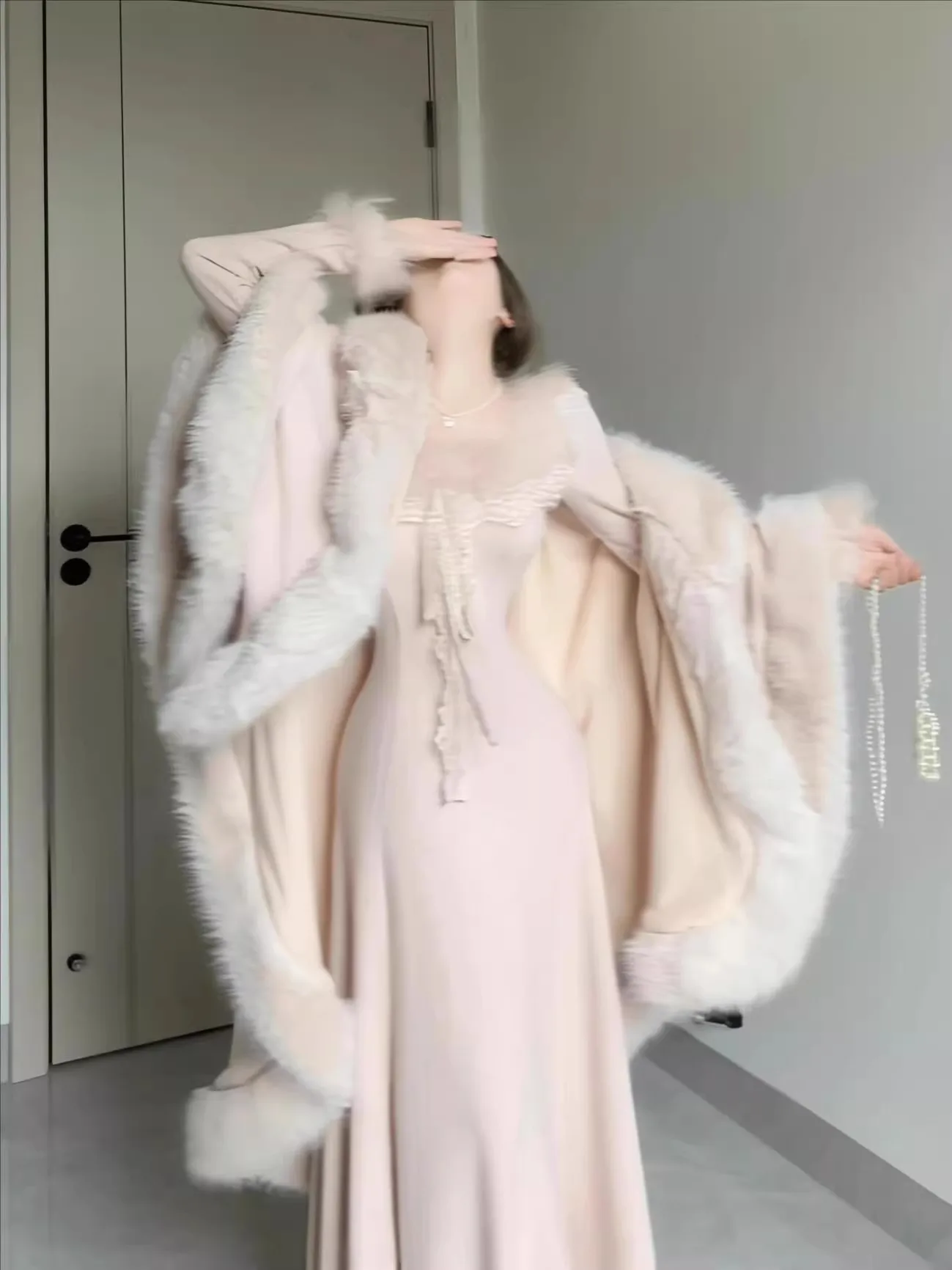 

Keni plus Size Lace Trim Coat Dress Women Winter Warm High Waist A-Line Long Sleeve Casual Commute Style Korean Version