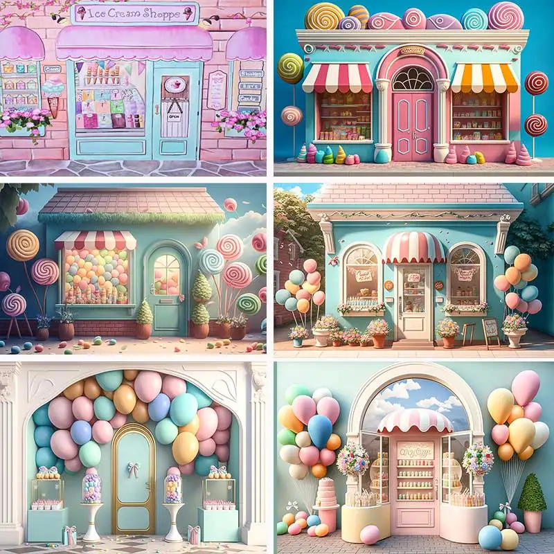 Candy Store Party Backdrops Children Kids Birthday Photography Cake Smash Balloons Background Photo Shoot Studio