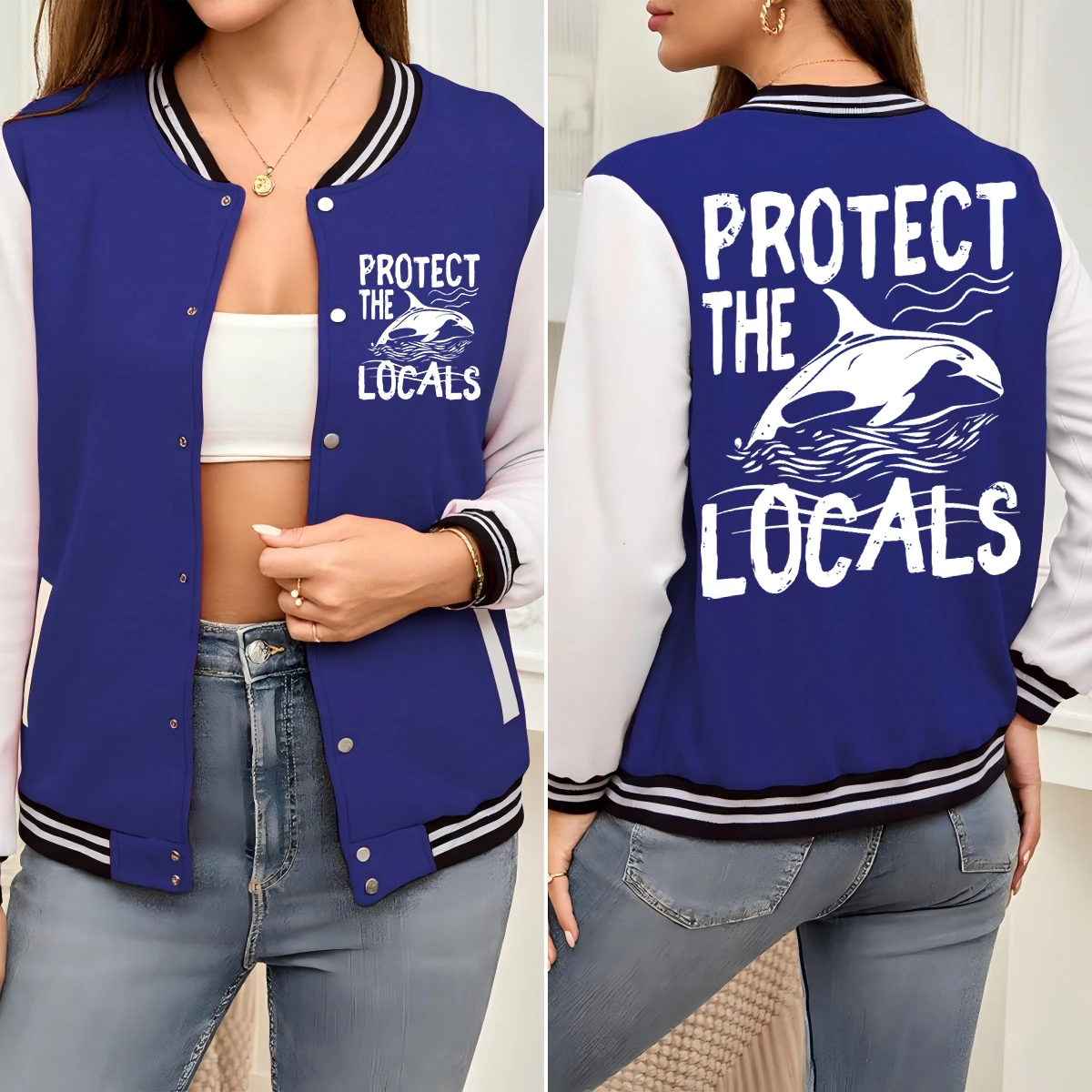 

Женская куртка с принтом дельфина Protect The Locals, красочная хлопковая одежда с карманами, свободная бейсбольная форма, осенняя уличная одежда в стиле хип-хоп