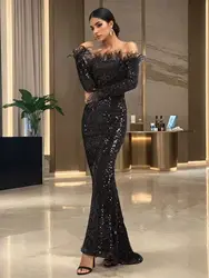 Shiny Sequined Velvet Party Gown Off Shoulder Feather Slash Neck Long Sleeve Stretchy Floor Length Mermaid Maxi Dress