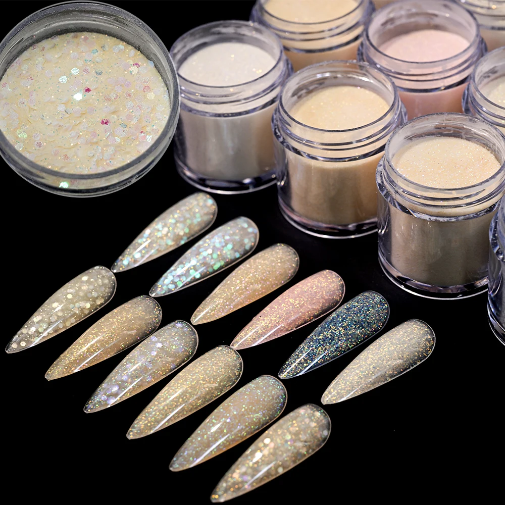 12Jar Glitter Yellow Acrylic Powder 3in 1 Polymer Hexagon Glitter Sequins Crystal Powder Nail Extension Sparkling Dipping Powder