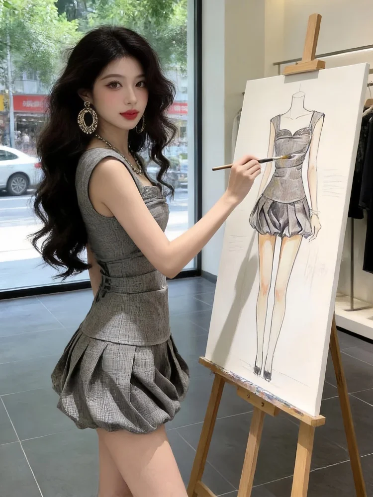 

Chic Sequin Sleeveless Vest And Short Skirt Two-Piece Set for Women Summer New Design Folded Breathable Polyester Fashion