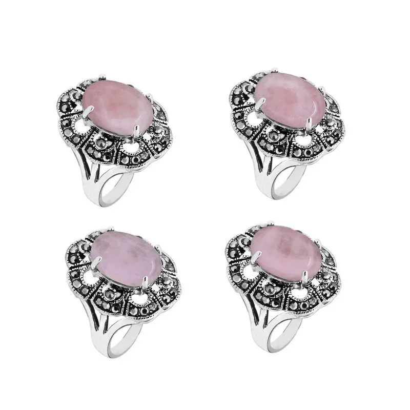 Oval Pink Quartz Rings For Women Antique Silver Plated  Natural Stone Rhinestone Hollow Flower Vintage Fashion Jewelry TR710