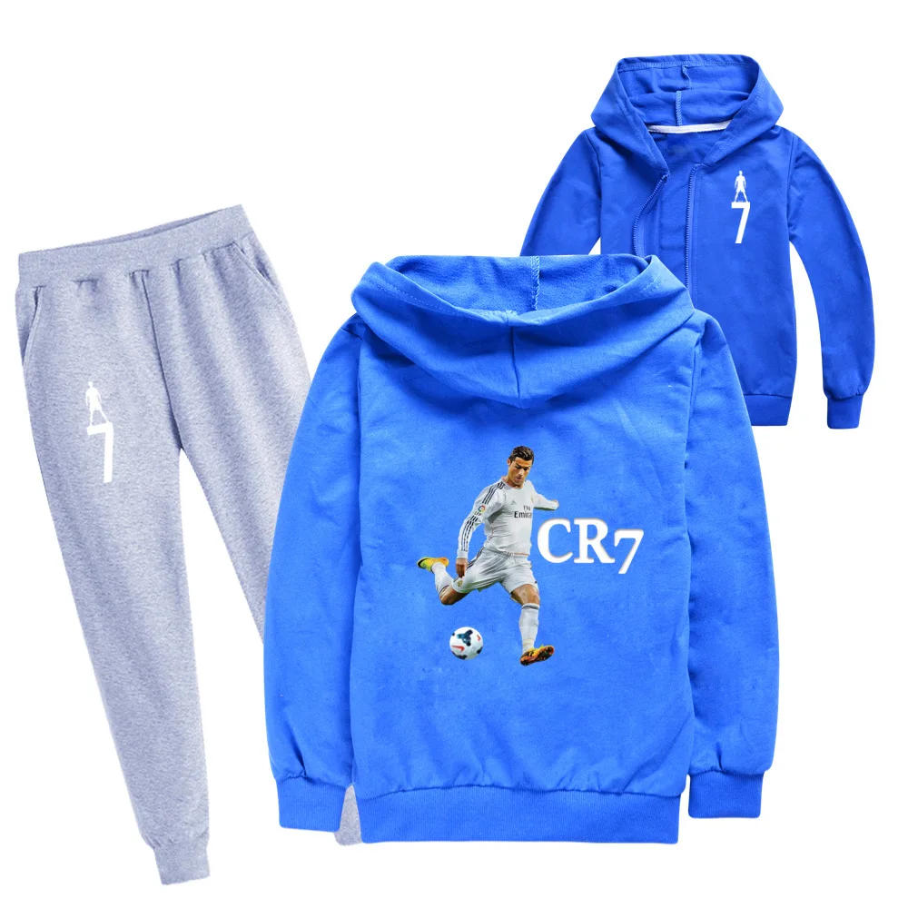 Ensemble sweat à capuche et pantalon à fermeture éclair pour garçons, haut pour enfants, vêtements chauds, étoile de football, PVD, Ronaldo, CR7, 2 pièces