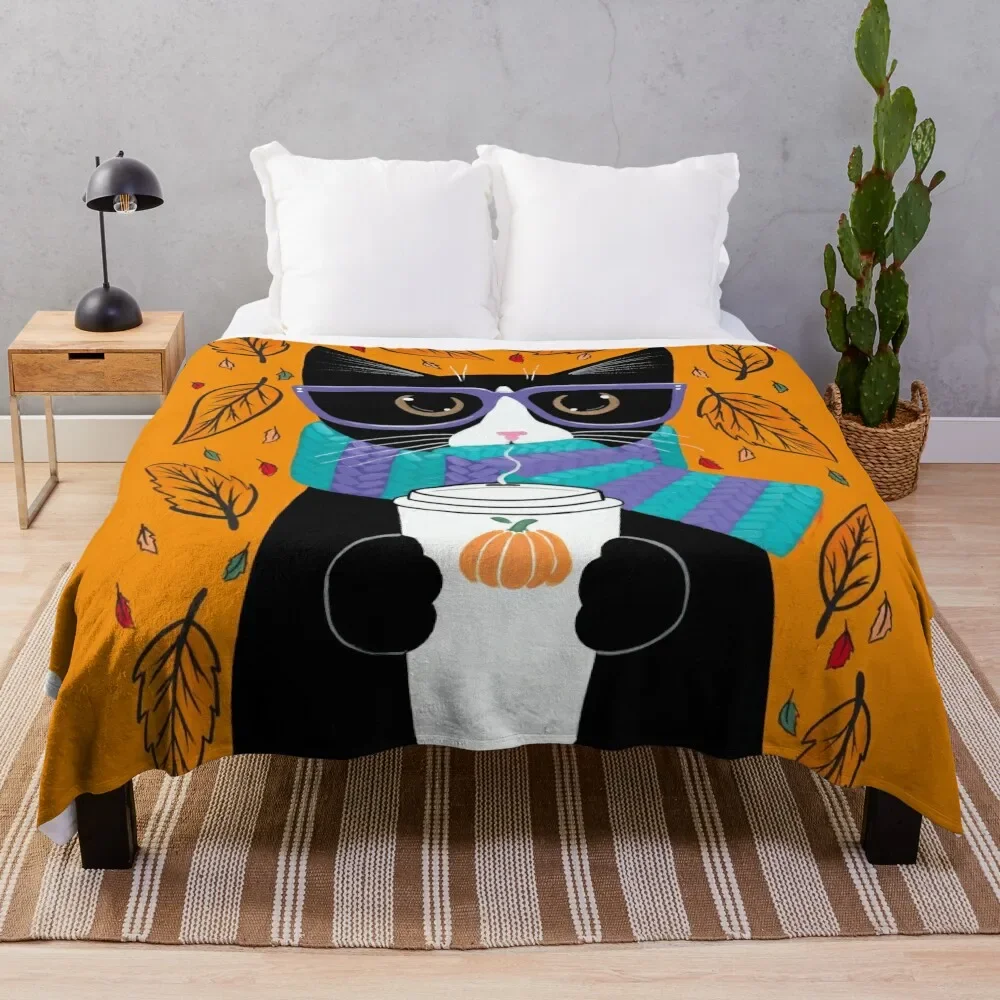 

Tuxedo Autumn Coffee Cat Throw Blanket Plush Plaid Soft Beds For Decorative Sofa Blankets